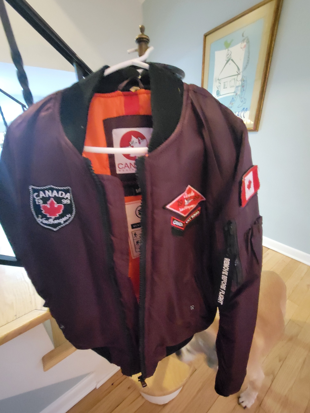 Canada Weather Gear Patch MA-1 Bomber Jacket Deep Plum Orange Lining S